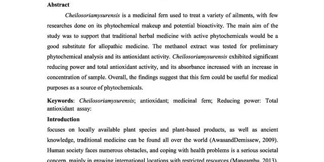Cover: Preliminary Phytochemical Analysis of the Fern Cheilosoriamysorensis (Wall.Ex Hook.) Ching & Shing and its Antioxidant Activity