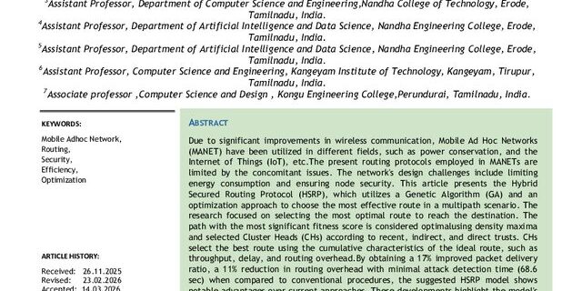 Cover: A Hybrid Genetic Algorithm-Based Secure Multipath Routing Protocol with Trust-Aware Clustering for Performance Optimization in MANETS
