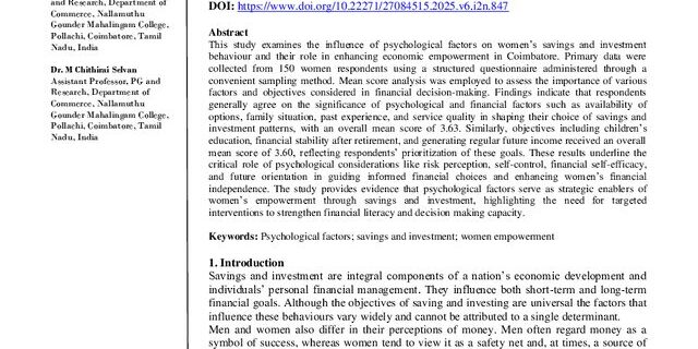 Cover: Does psychological factors enhance women empowerment through saving and investment? Evidences from Coimbatore