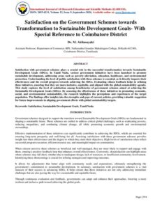 Cover of Satisfaction on the Government Schemes towards Transformation to Sustainable Development Goals-With Special Reference to Coimbatore District